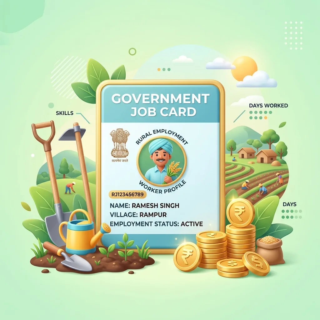 Stylized MGNREGA Job Card and wage planning illustration